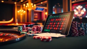 Nohu90 engaging gamblers with a vibrant casino scene featuring poker chips and a roulette wheel.