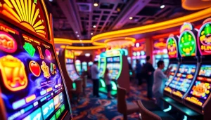 Permainan Indosga slot yang menarik dengan mesin slot berwarna dan suasana kasino virtual yang meriah.