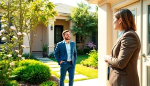 Real Estate agent providing expert guidance in a beautiful home setting with lush greenery.