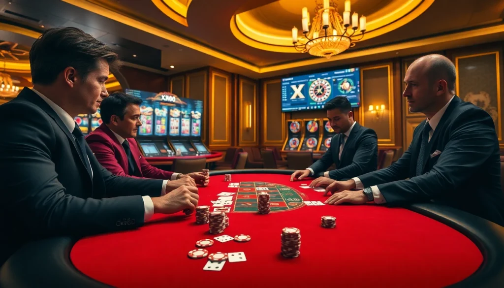 Intense poker game at a luxurious casino featuring XX88.AI elements with vibrant cards and chips.