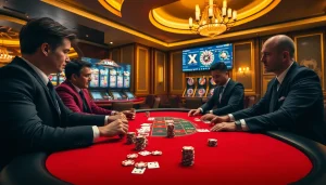Intense poker game at a luxurious casino featuring XX88.AI elements with vibrant cards and chips.