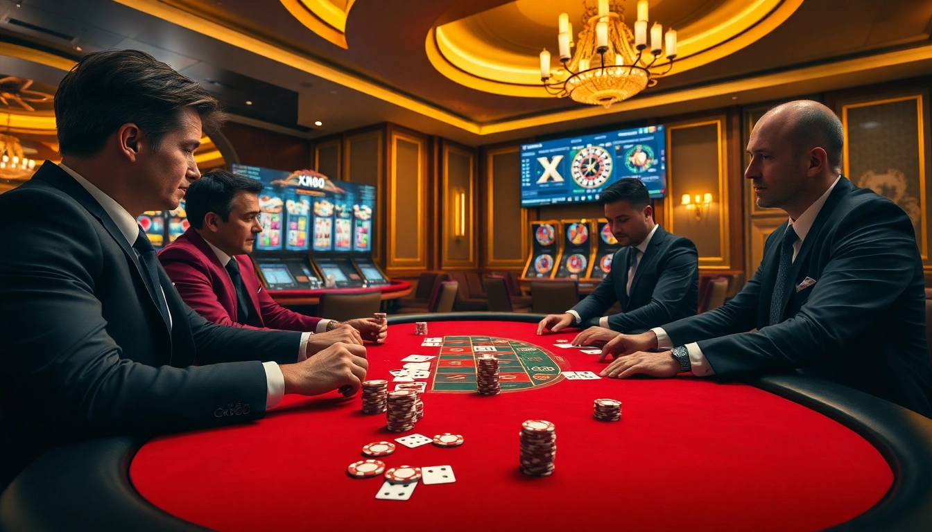 Intense poker game at a luxurious casino featuring XX88.AI elements with vibrant cards and chips.
