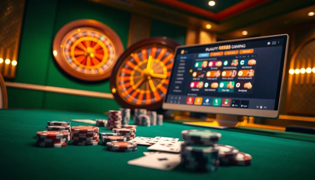 Experience thrilling gameplay with RR88 at an elegant casino table, filled with poker chips and a roulette wheel.
