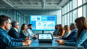 Business professionals collaborating on Logo ERP solutions in a modern office setting.