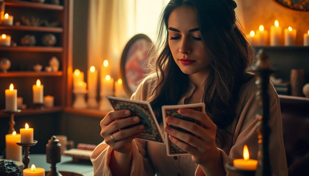 Experience intuitive readings at https://julielynn.co with a mystical woman surrounded by candles and crystals.