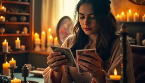 Experience intuitive readings at https://julielynn.co with a mystical woman surrounded by candles and crystals.