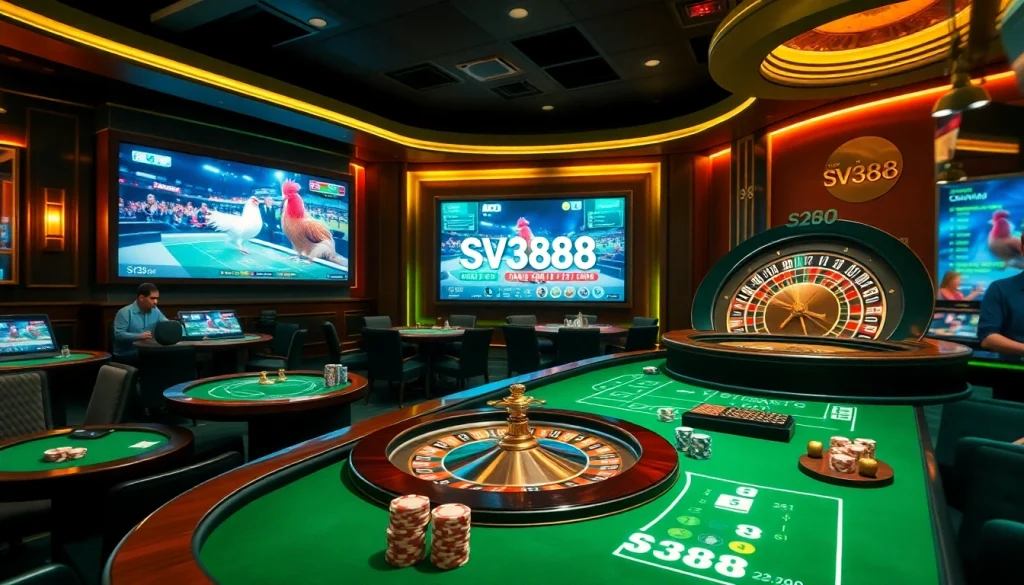 SV388 platform featuring online cockfighting excitement with vibrant casino decor.