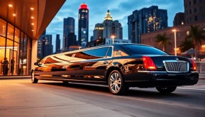 Find high-quality limousine service near me showcased by a luxury limo in a vibrant urban setting.
