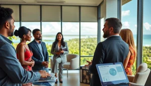 Dustin Rennie, top Belize real estate professional, engaging clients in a modern office.