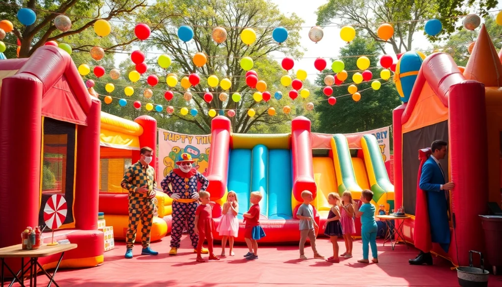 Engaging family entertainment setup at https://www.tcspecialentertainment4u.com with colorful bounce houses and cheerful characters.