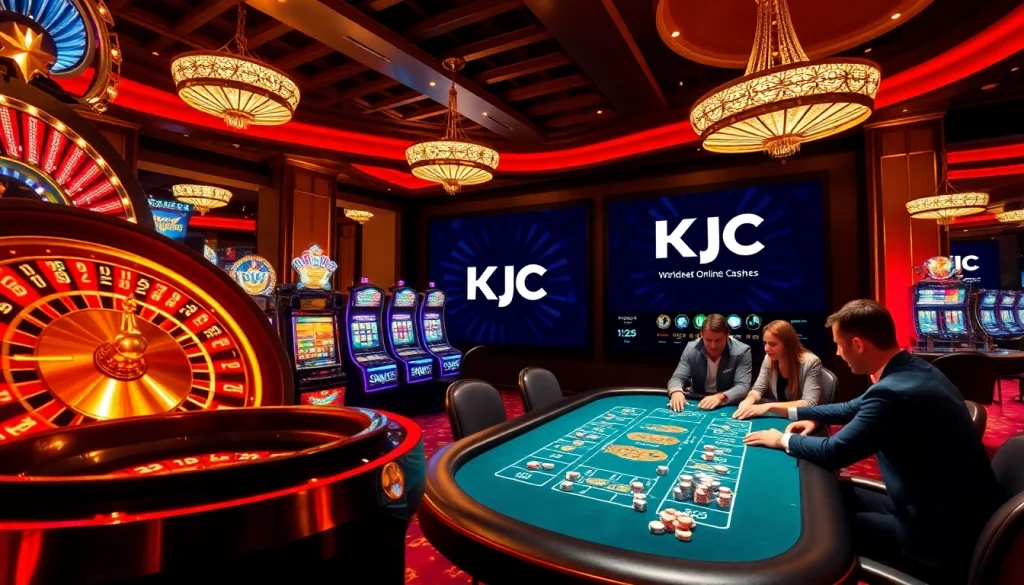 KJC players enjoy thrilling moments at a luxurious casino, featuring vibrant roulette and slot machines.
