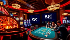 KJC players enjoy thrilling moments at a luxurious casino, featuring vibrant roulette and slot machines.