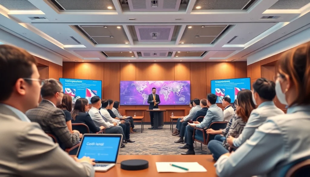 AI interpretation service displayed in a modern conference, highlighting seamless multilingual communication.