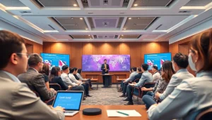 AI interpretation service displayed in a modern conference, highlighting seamless multilingual communication.