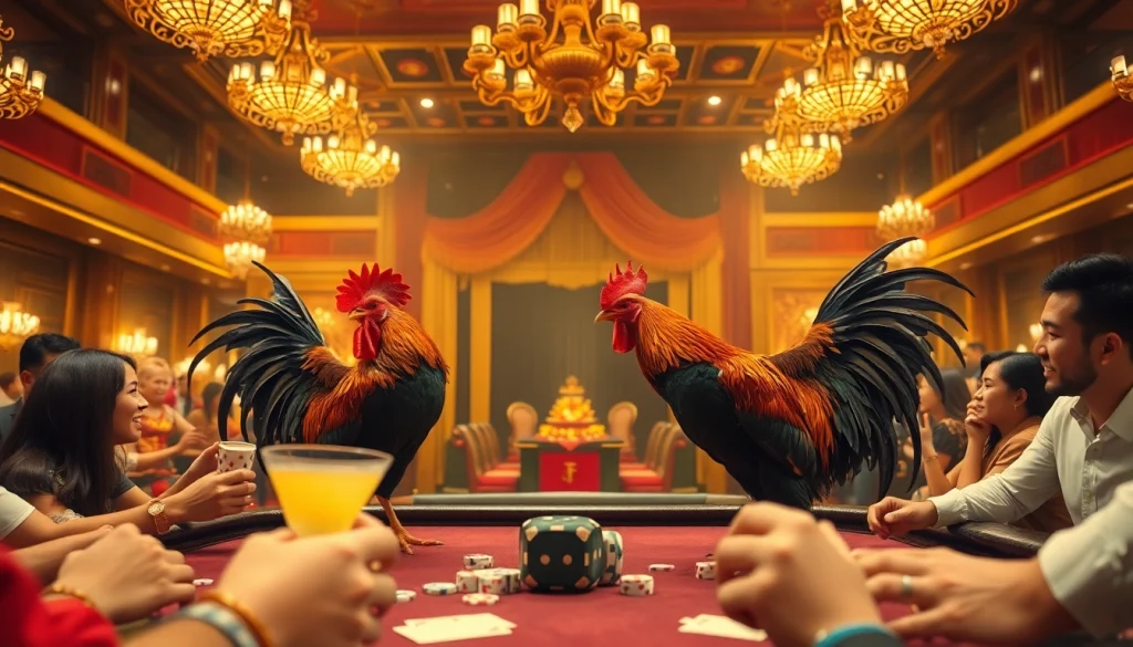 Experience the thrill of đá gà trực tiếp thomo in a luxurious casino setting, showcasing live cockfighting excitement.