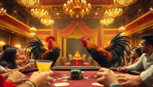 Experience the thrill of đá gà trực tiếp thomo in a luxurious casino setting, showcasing live cockfighting excitement.