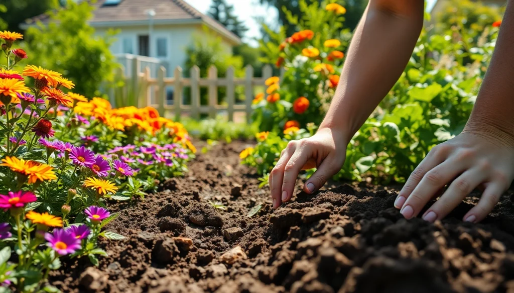 Engaging Gardening scene with vibrant flowers and a gardener nurturing plants.