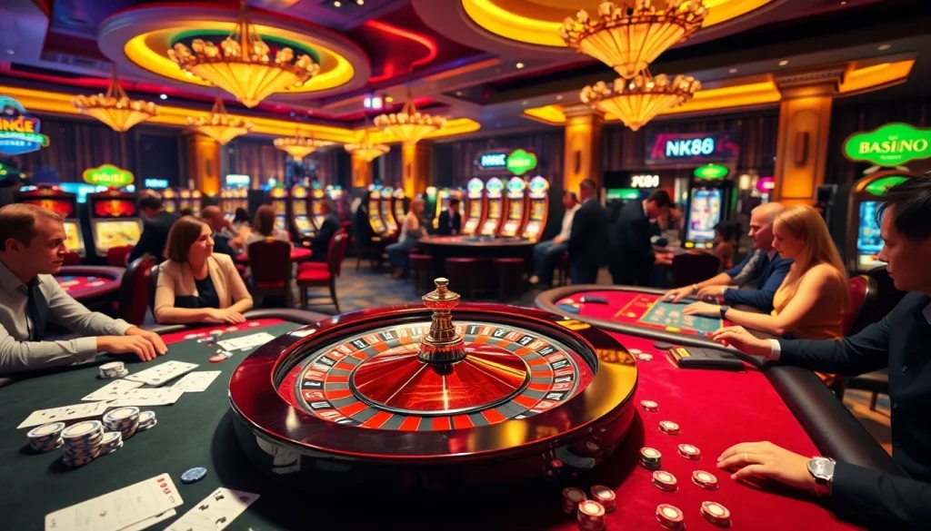 Players enjoying an exciting game at the nk88 casino table, surrounded by vibrant chips and cards.