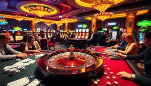 Players enjoying an exciting game at the nk88 casino table, surrounded by vibrant chips and cards.