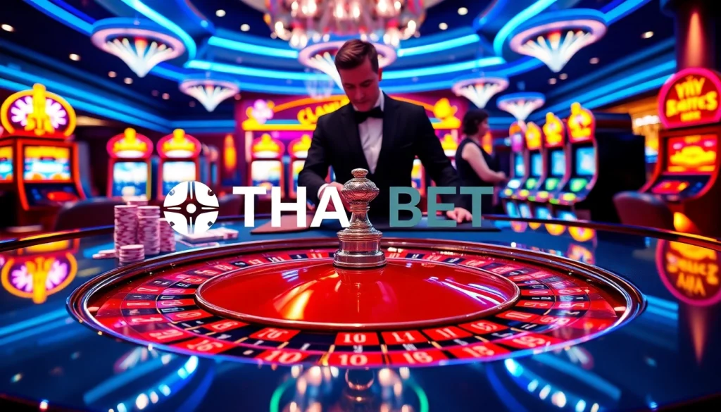 THABET casino scene showcasing players betting at a luxurious roulette table.