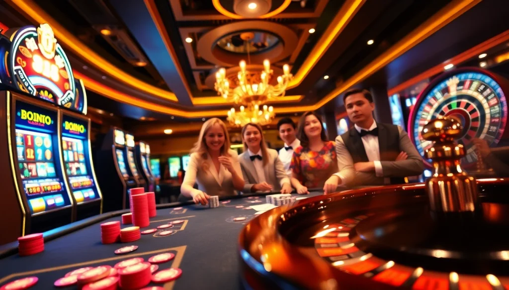 Excited players enjoying gaming at qq88 casino with vibrant tables and glowing slot machines.