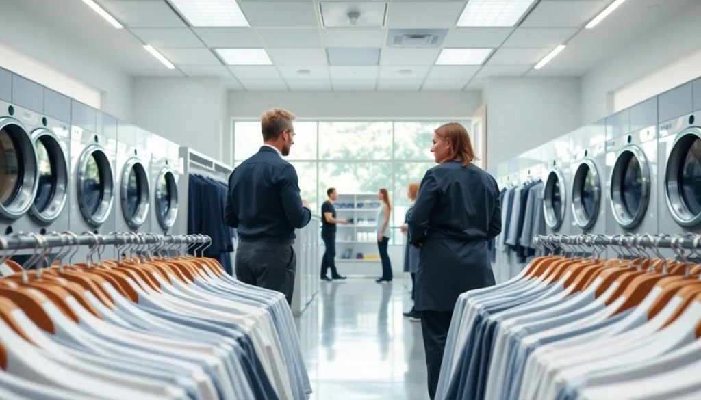 Dry cleaners near me featuring a modern storefront with neatly arranged clothes and a welcoming atmosphere.