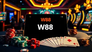 Khơi dậy sự hứng khởi của trò chơi trực tuyến với liên kết W88 hiển thị trên máy tính bảng giữa các viên chip poker và xúc xắc.