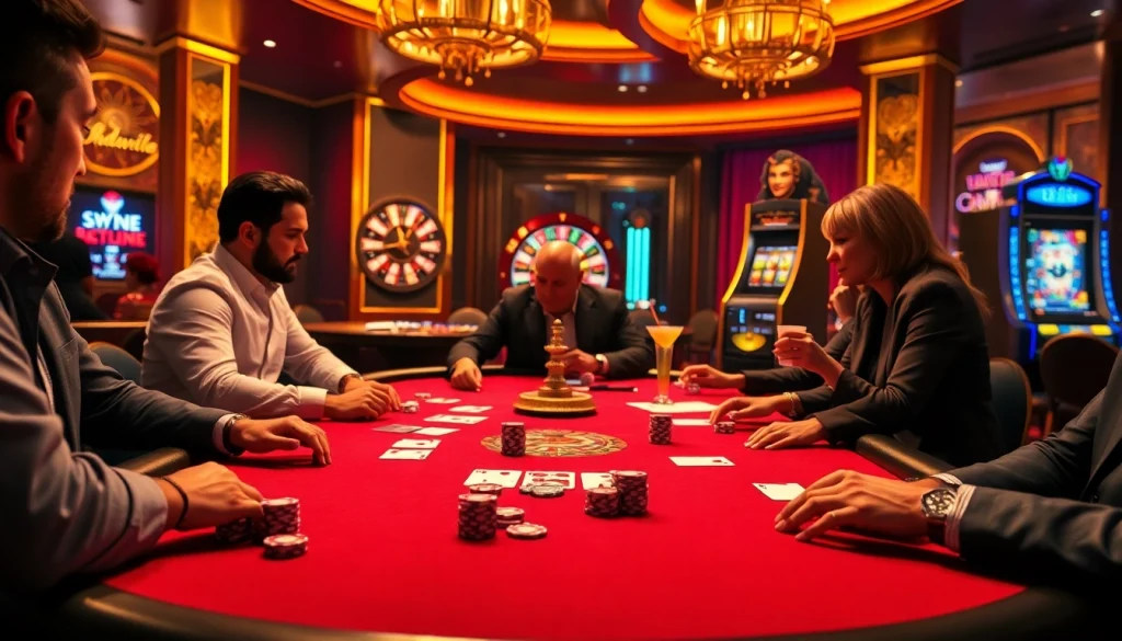 Experience thrilling casino gameplay with 13win, featuring poker tables and vibrant slot machines.