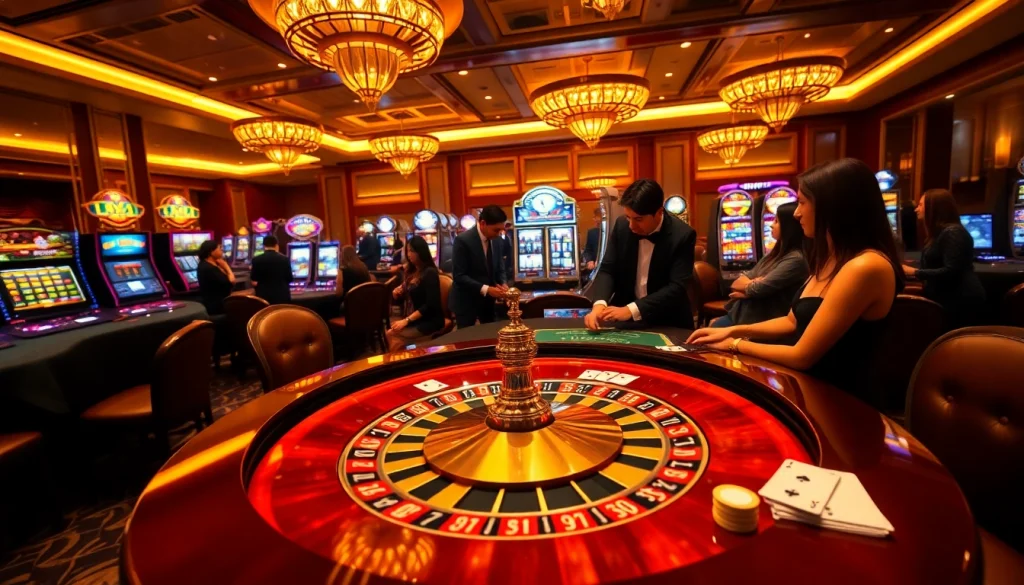 Experience vibrant gameplay at Nhà cái LC88 with luxurious casino tables, chips, and roulette wheels.