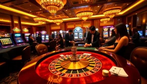 Experience vibrant gameplay at Nhà cái LC88 with luxurious casino tables, chips, and roulette wheels.