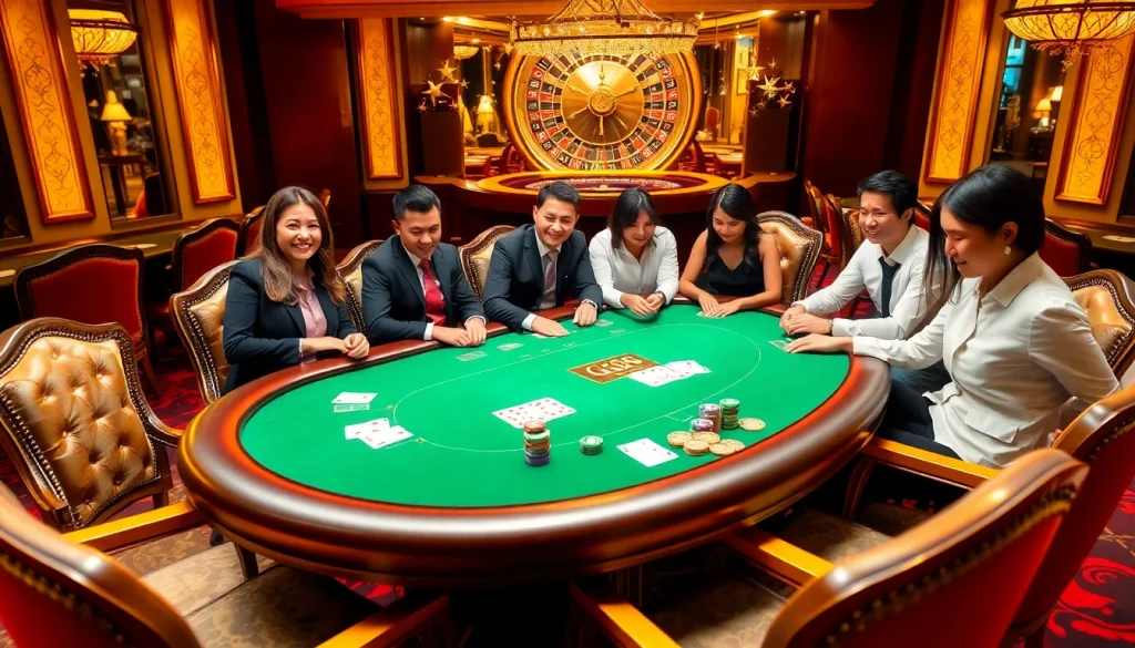 GG88 players enjoying an exciting poker game with colorful chips and cards.