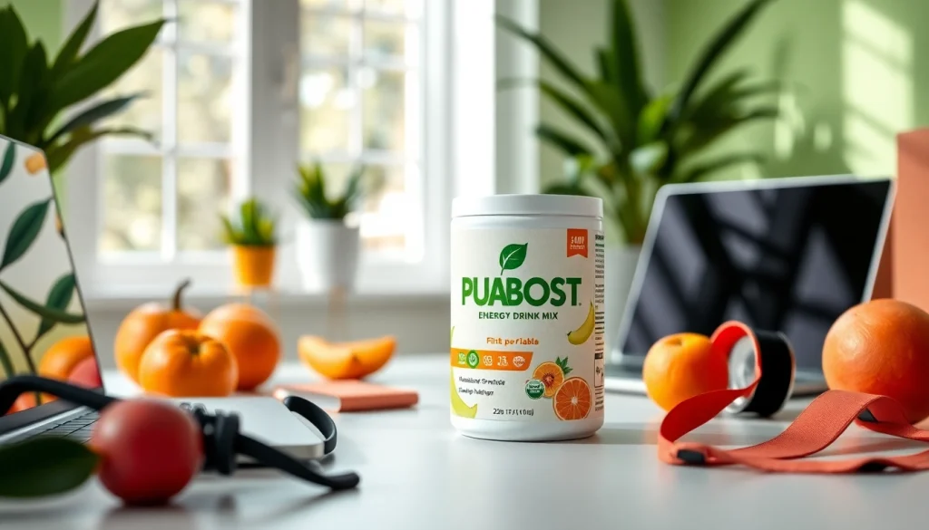 Puraboost energy drink mix in a vibrant health-oriented workspace, promoting vitality and wellness.