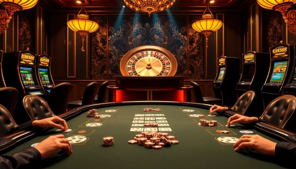 Experience thrilling casino action with HM88 poker chips and cards on an elegant table.