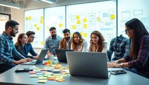 Engage in app development as developers collaborate in a vibrant office.