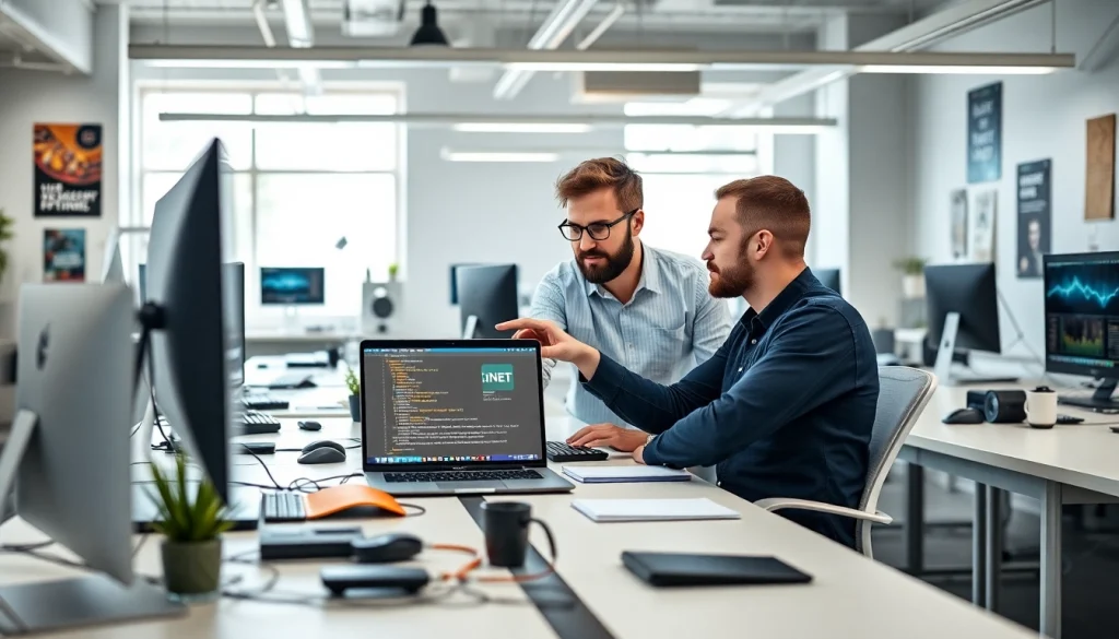 Hire .Net developers collaborating in a modern workspace with technology and coding elements.