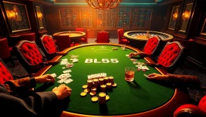 Engage in the high-stakes poker action at BL555 with vibrant casino chips and scenic tables.