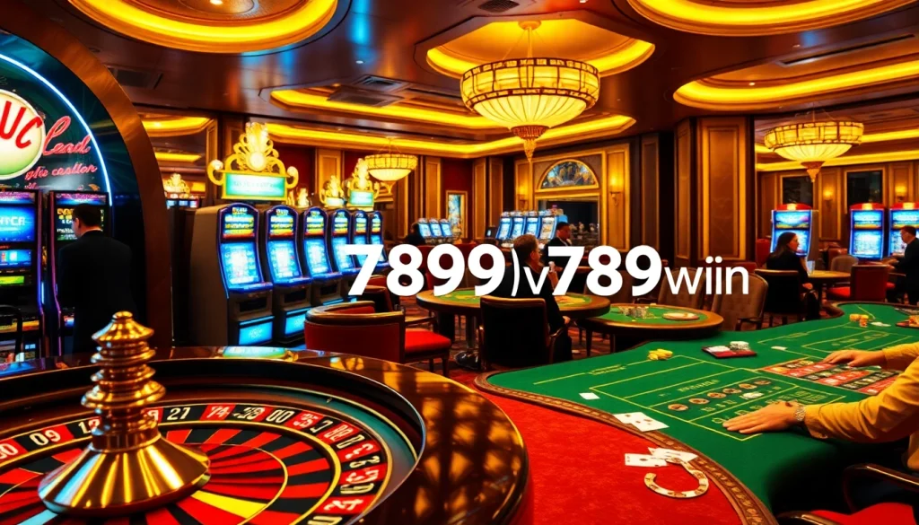 Experience the thrill of 789win with vibrant slot machines and an elegant casino setting.