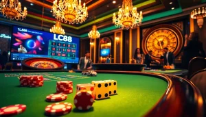 Engaging players strategizing bets at LC88 casino table with poker chips and roulette wheel.