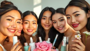 K-beautyprodukter som visar olika personer med strålande hud i en lugn miljö.