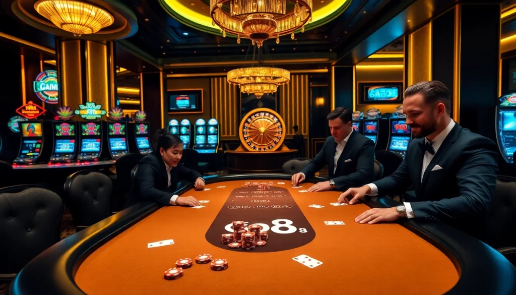 Go8 players enjoy strategic poker with vibrant chips and high-end cards in a luxurious casino.