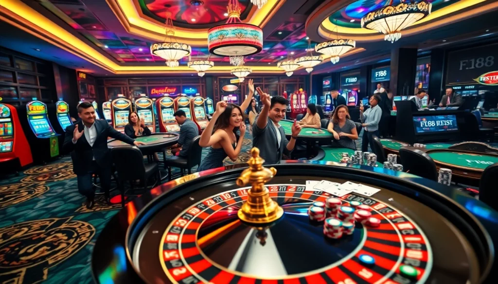 Experience the thrill of F168 casino gaming with vibrant tables and excited players.