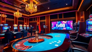 Players enjoy thrilling games at tv88's luxurious casino with roulette and poker.