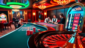 Excited players enjoying high-stakes games at 78WIN's luxurious casino, featuring roulette and slot machines.