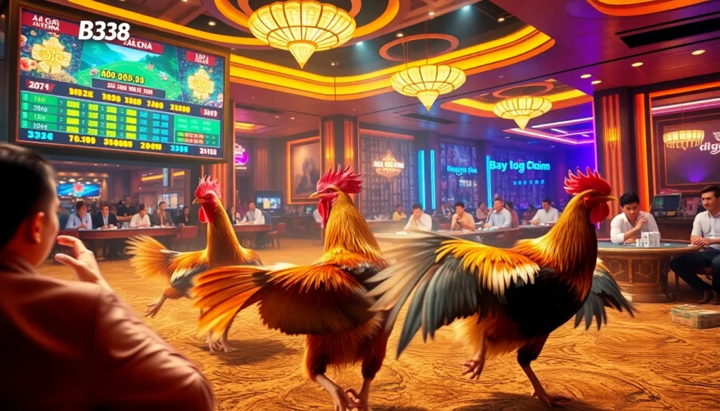 Engaging gamblers with Đá Gà BJ38 in a lively digital betting scene showcasing traditional cockfighting.