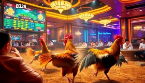 Engaging gamblers with Đá Gà BJ38 in a lively digital betting scene showcasing traditional cockfighting.