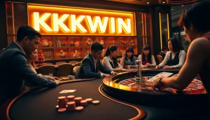 Engaging poker players at the KKWIN casino, featuring vibrant chips and cards in a luxurious setting.