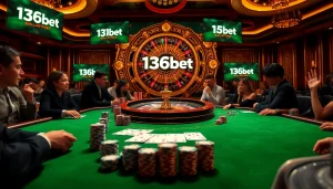 Exciting poker game at a luxurious casino table featuring 136bet branding.