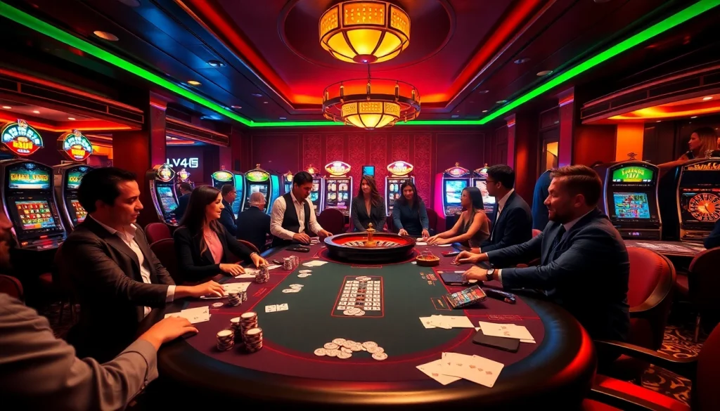 L444 online casino scene featuring a poker table with players and dealers in a vibrant setting