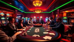 L444 online casino scene featuring a poker table with players and dealers in a vibrant setting