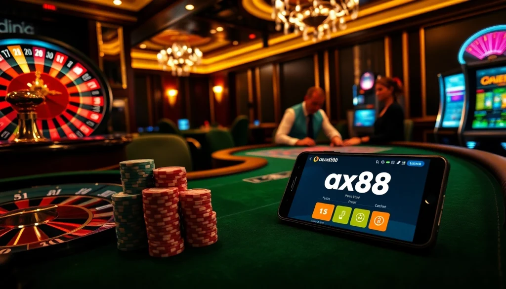 Engage with gaming excitement at AX88's casino features, including roulette, poker, and slot machines.